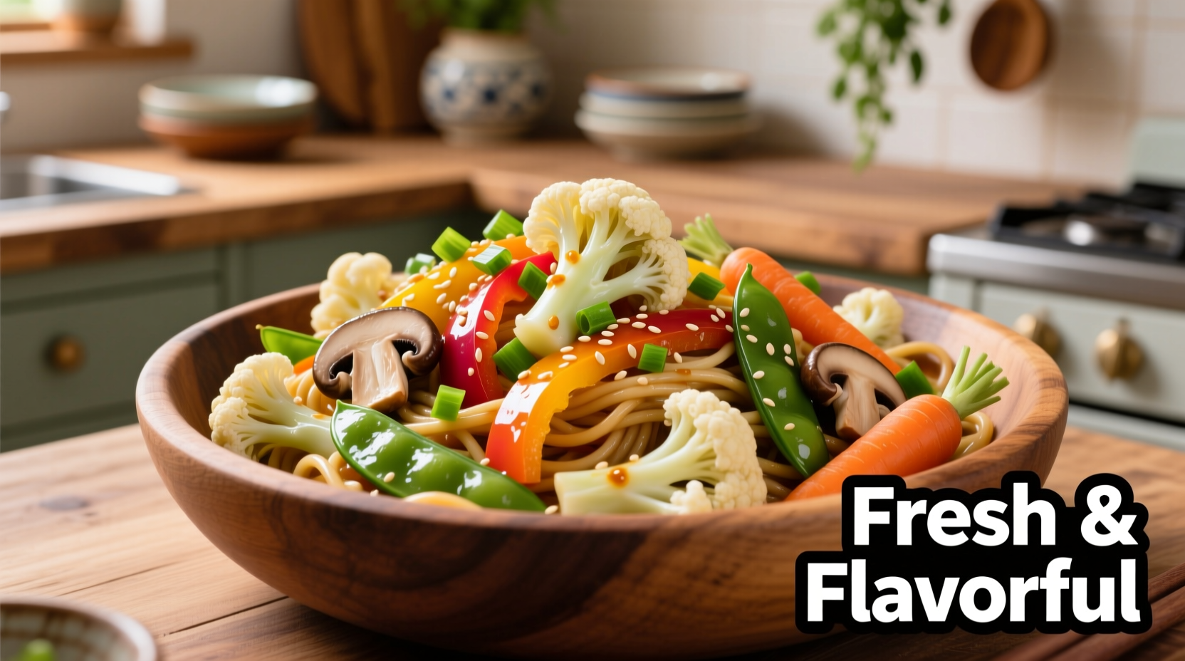 Fresh cauliflower noodles in colorful vegetable stir-fry