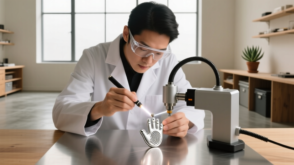A jeweler using a laser engraving machine to etch a tiny child's fingerprint onto a smooth, round 14k rose gold pendant disk.