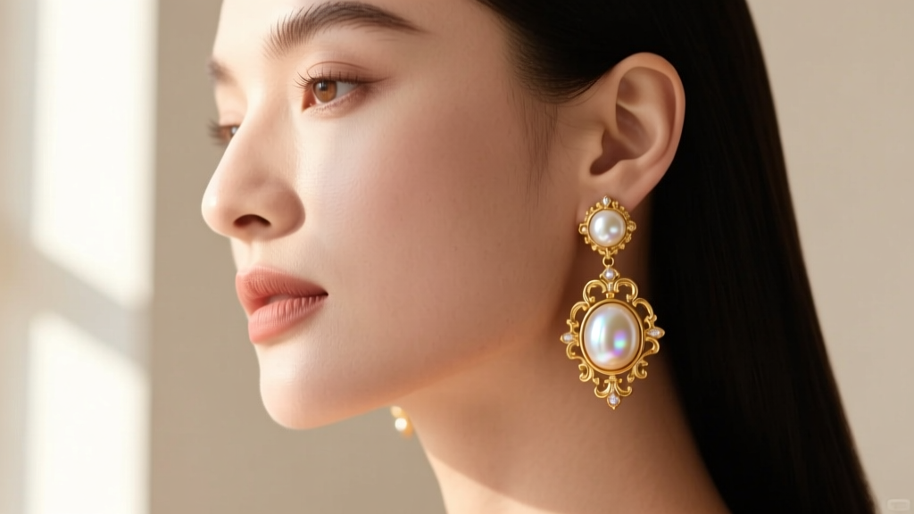 Close-up of Pat Cheney baroque pearl and 14k gold drop earrings on a woman, lit by soft natural window light.