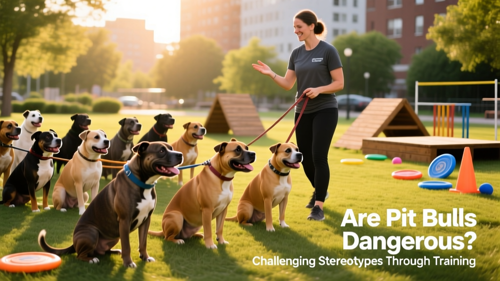 A diverse group of well-mannered, healthy Pit Bull-type dogs participating in a community dog training class led by a certified trainer