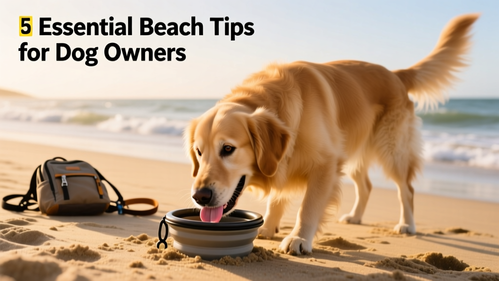 A dog happily drinking from a portable bowl on the beach
