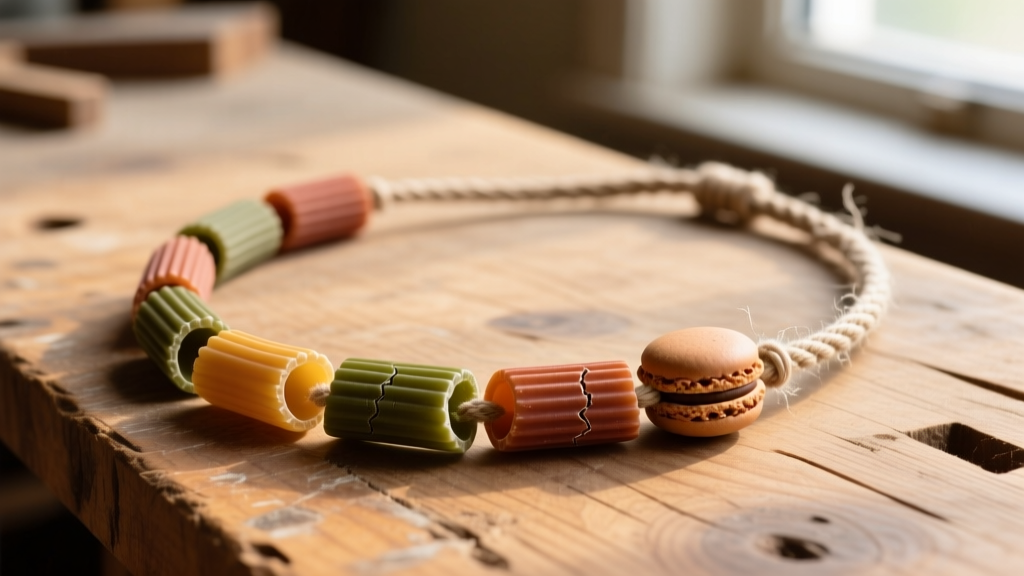Close-up of a kraft macaroni necklace with dyed durum elbows on waxed cotton cord, resting on a rustic wooden workbench.