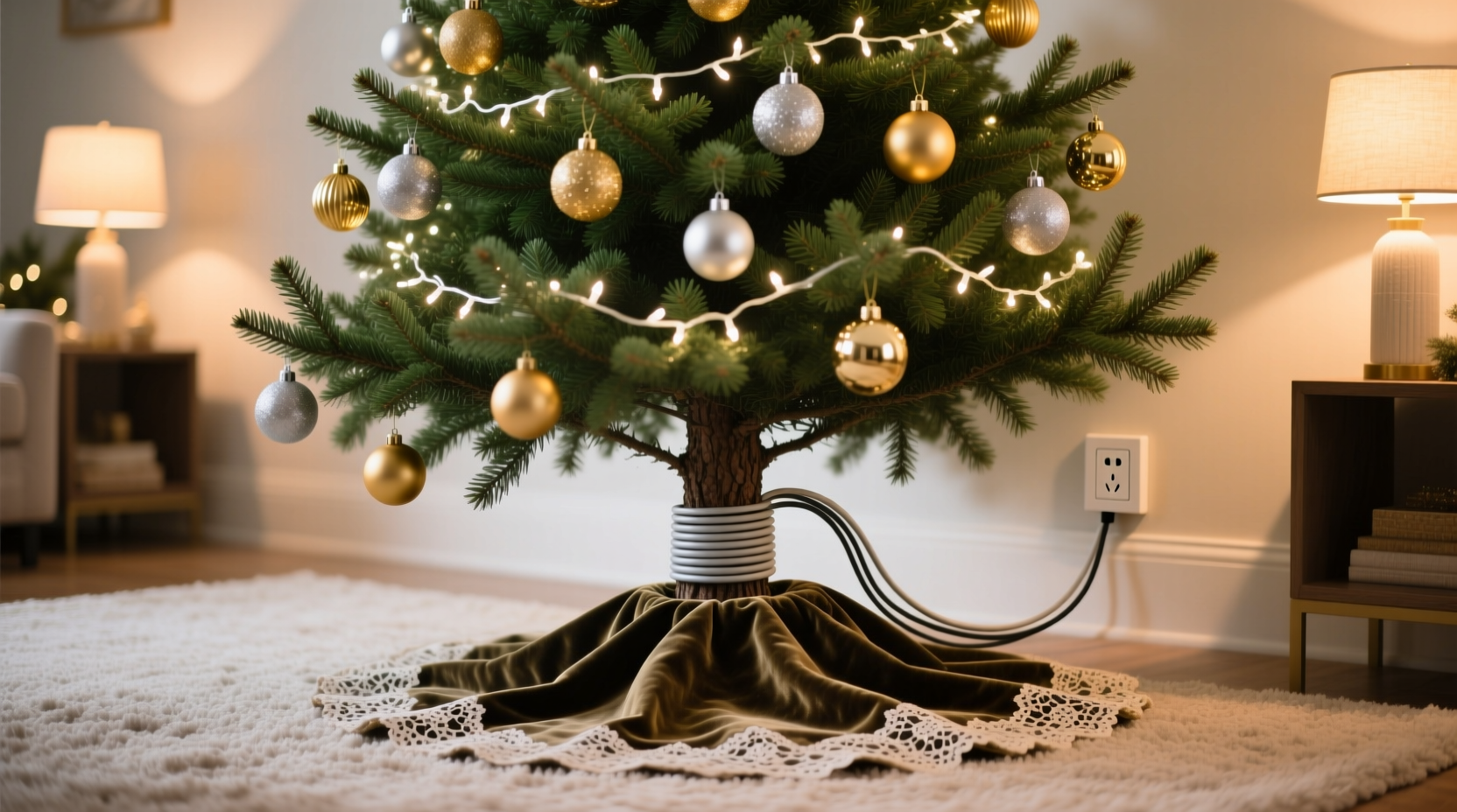 how to hide cords when decorating a christmas tree on carpet