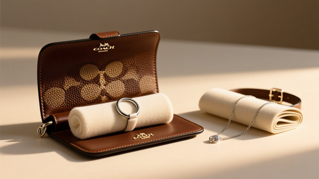 Interior of a pebbled leather Coach jewelry roll showing a microfiber ring roll and snap necklace straps under warm lighting.