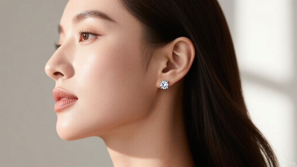 Side profile of a woman wearing half carat diamond studs showing how they sit flush on the earlobe in soft natural window light