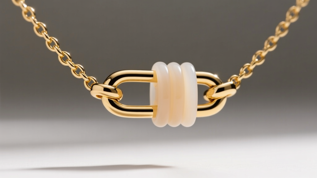 Extreme close-up of a lariat necklace adjustable slide, showing the silicone tension grip securing a delicate gold chain link.