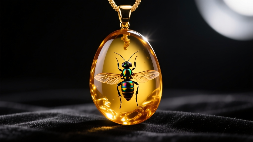 Macro shot of polished Baltic amber pendant with insect inclusion on dark velvet under warm studio lighting.