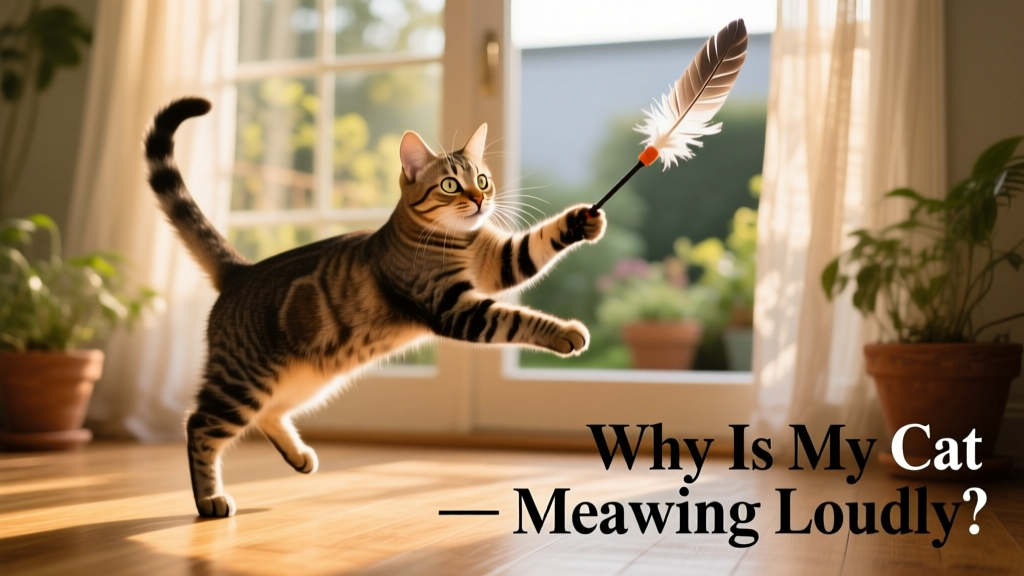 Cat playing energetically with a wand toy near a sunny window