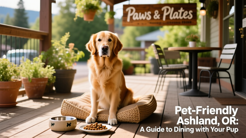 A dog sitting contentedly on a sunny, dog-friendly restaurant patio with a water bowl and food visible in the foreground