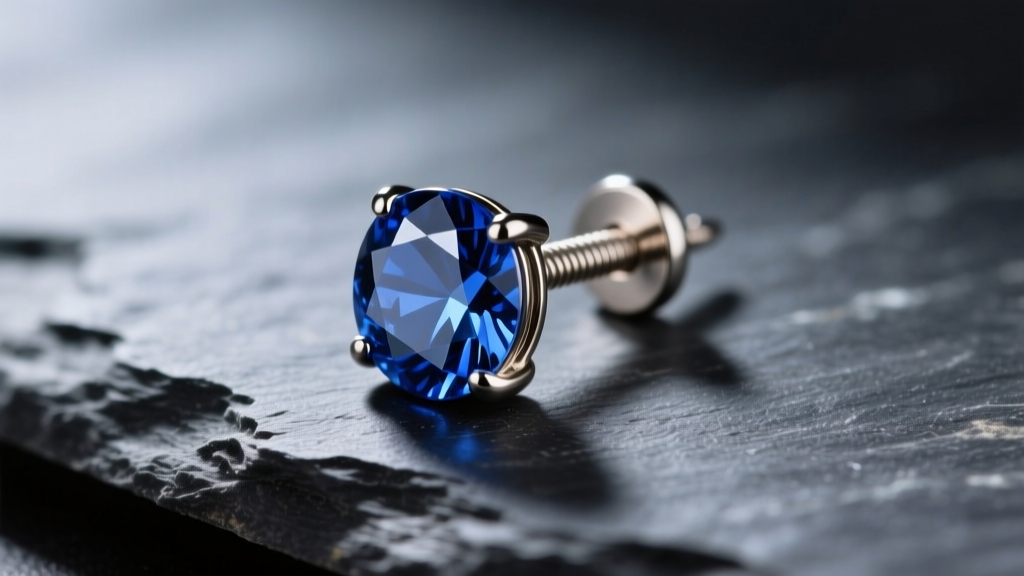 Macro shot of 20 gauge titanium threaded stud earring with blue sapphire gemstone resting on dark slate surface, sharp focus