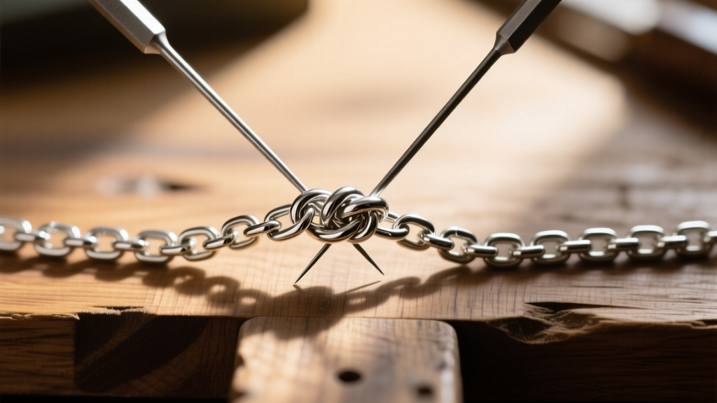 Two fine needles prying a knot in a sterling silver chain, top-down macro view on a wooden jeweler's workbench