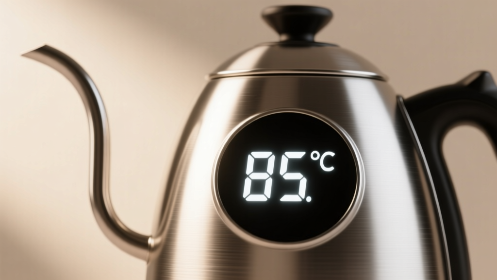 Close-up of a digital temperature display on a stainless steel gooseneck kettle showing 85 degrees Celsius for optimal oolong tea brewing.