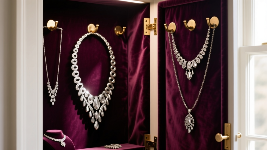 Interior of velvet-lined jewelry armoire door, featuring heavy silver statement necklaces hanging from reinforced brass hooks