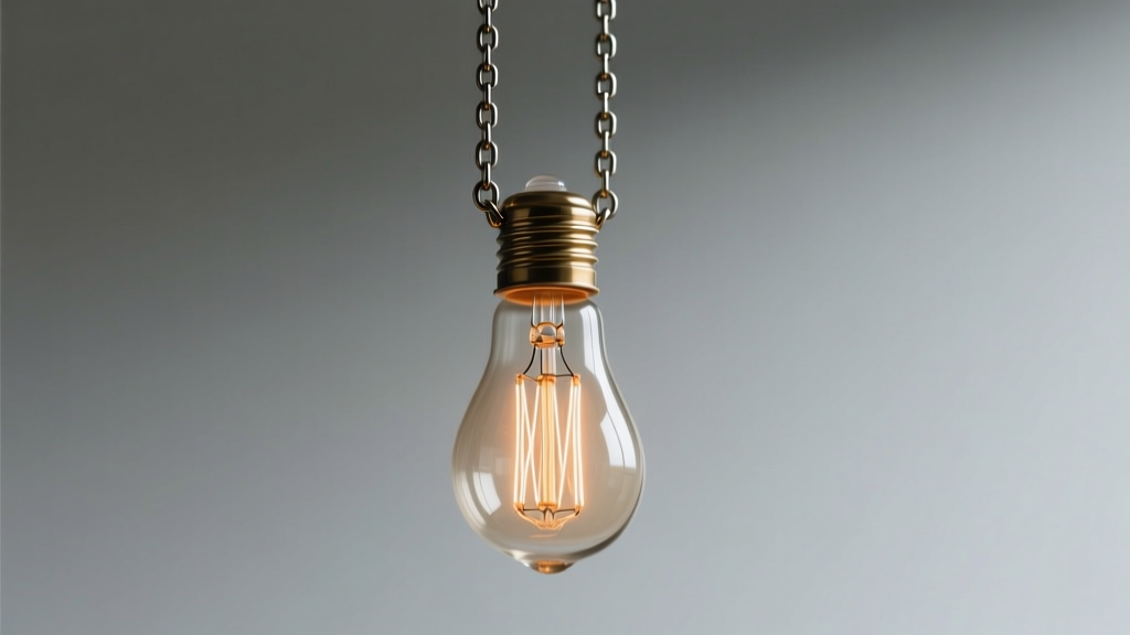 A 2mm titanium box chain supporting a vintage Edison glass light bulb necklace pendant, photographed on a soft gray background