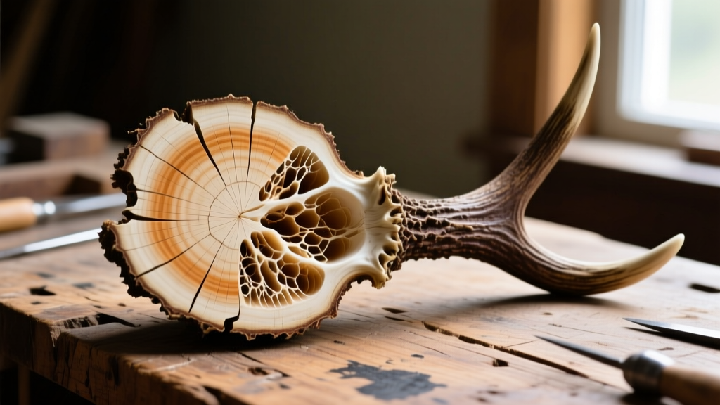 Macro view of elk antler cross-section showing dense outer cortex and spongy medulla, resting on a scarred wooden jeweler's bench.