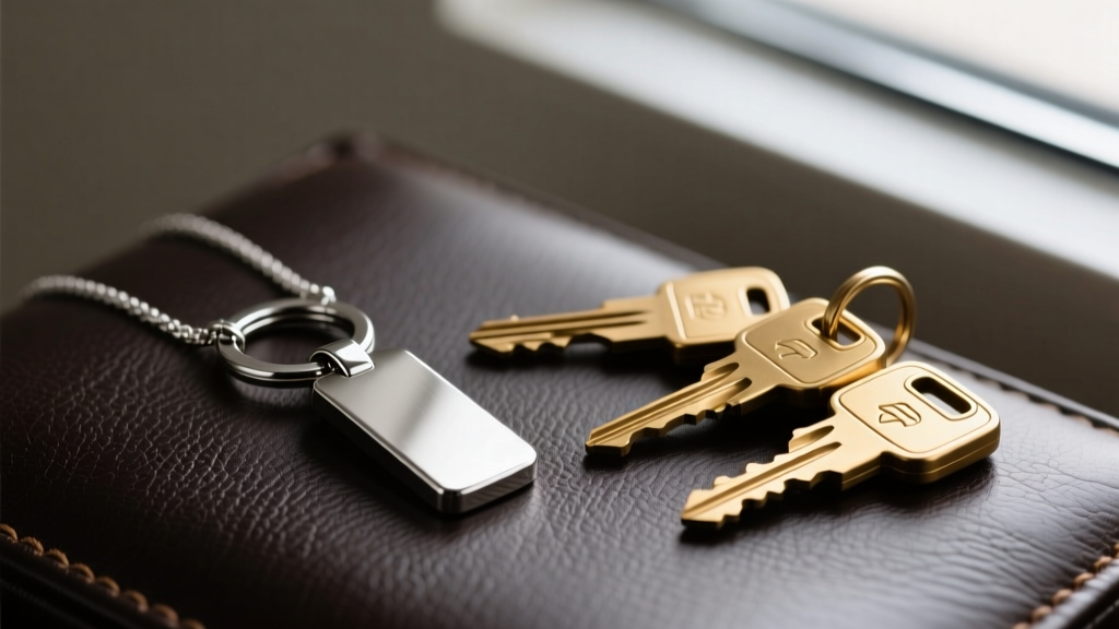 Brushed 316L stainless steel key holder necklace pendant resting on dark leather, with brass car keys beside it in soft lighting