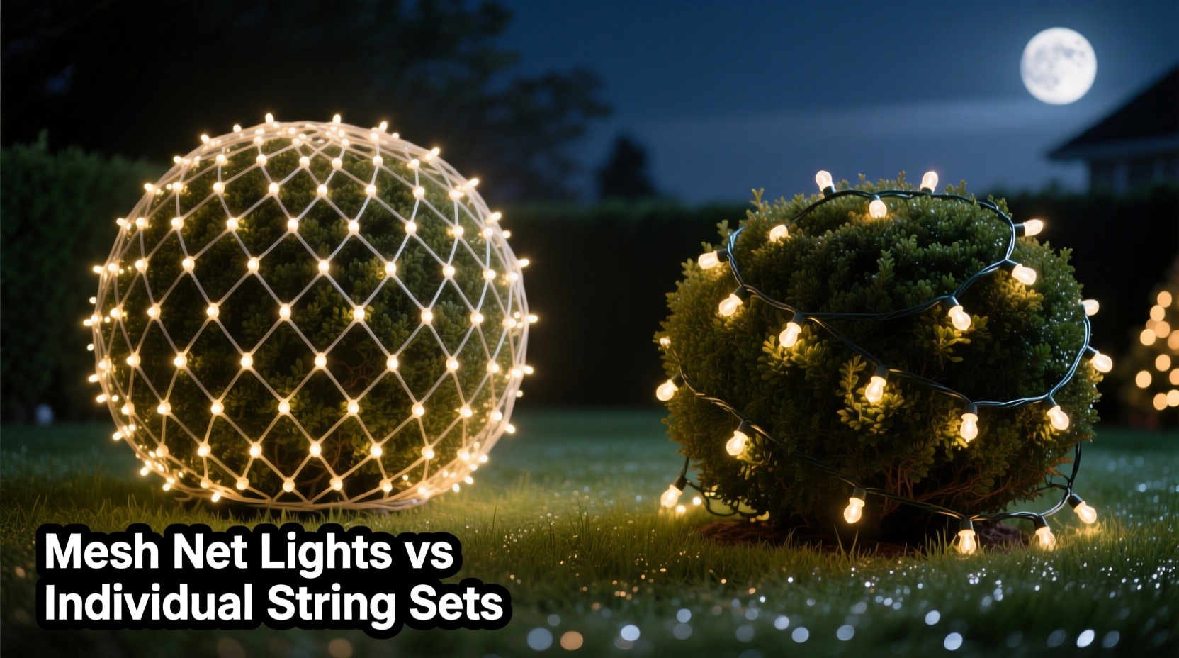 mesh net lights vs individual string sets which covers shrubs faster