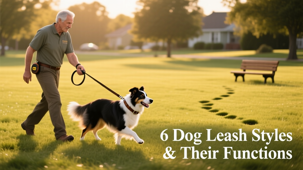 A trainer guiding a dog on a long 30-foot leash during an outdoor obedience session in a grassy field