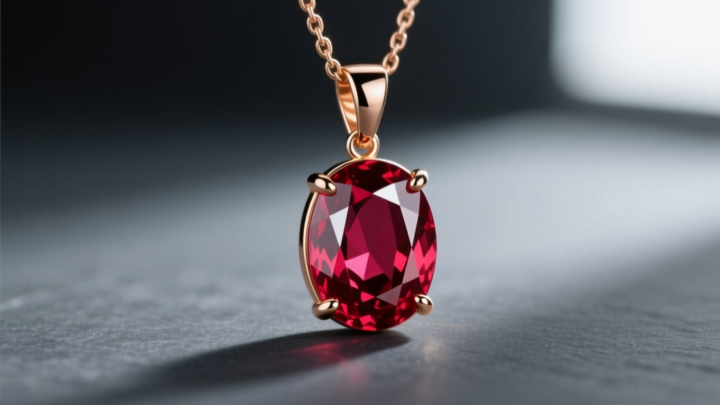 Close-up of an 18k rose gold necklace pendant with a vivid red oval ruby in a four-prong setting against a dark slate background.