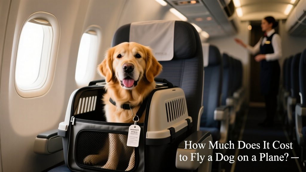 A calm, well-behaved dog sitting comfortably inside an airline-approved carrier under an airplane seat