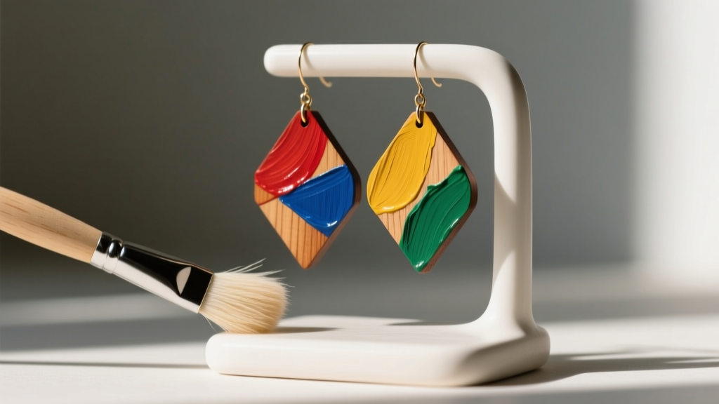 Soft goat-hair brush gently dusting vibrant geometric hand painted wood earrings hanging from a minimalist ceramic stand