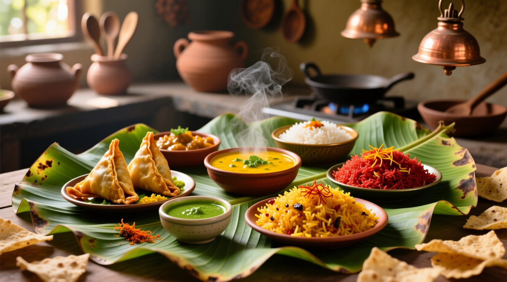 Colorful assortment of regional Indian dishes on banana leaves