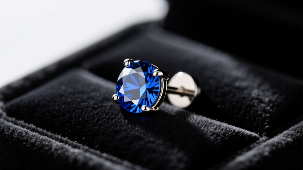 Close-up of a 16-gauge titanium threadless push in earring with a prong-set sapphire gem resting on a dark velvet jewelry tray.