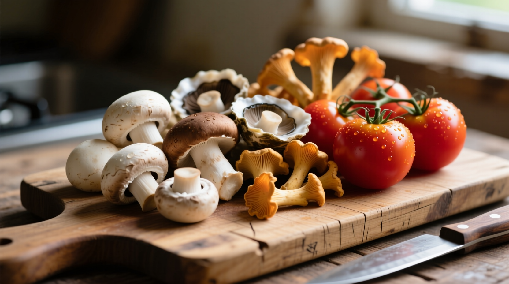 Fresh mushrooms and ripe tomatoes on wooden cutting board