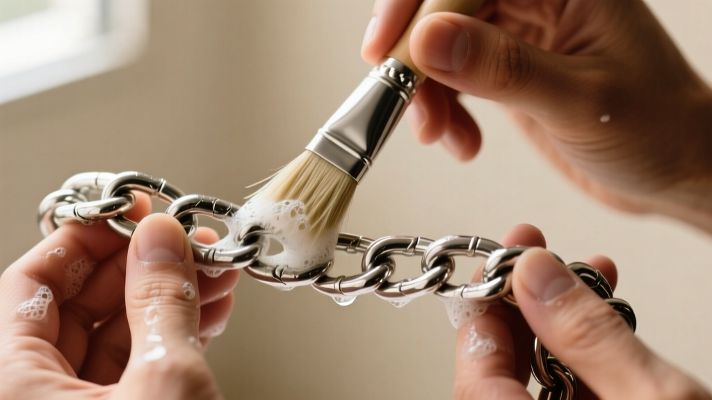 Hands using a soft bristle brush and mild soapy water to gently clean the intricate links of a heavy sterling silver log chain