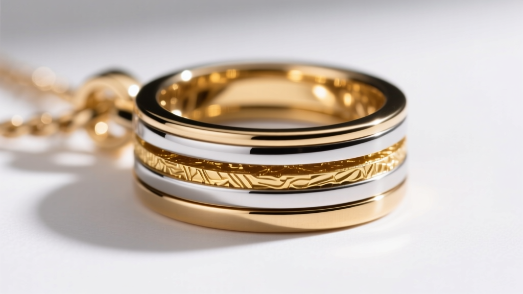 Cross-section photo showing layers of brass base, nickel barrier, and 2.5-micron gold plating on a polished jewelry pendant.