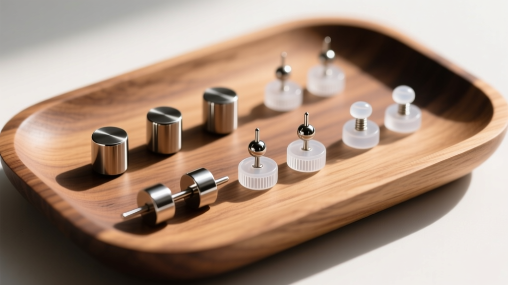 Wooden display tray showing various earring backs, including titanium flat-back labrets and clear silicone friction push-backs.