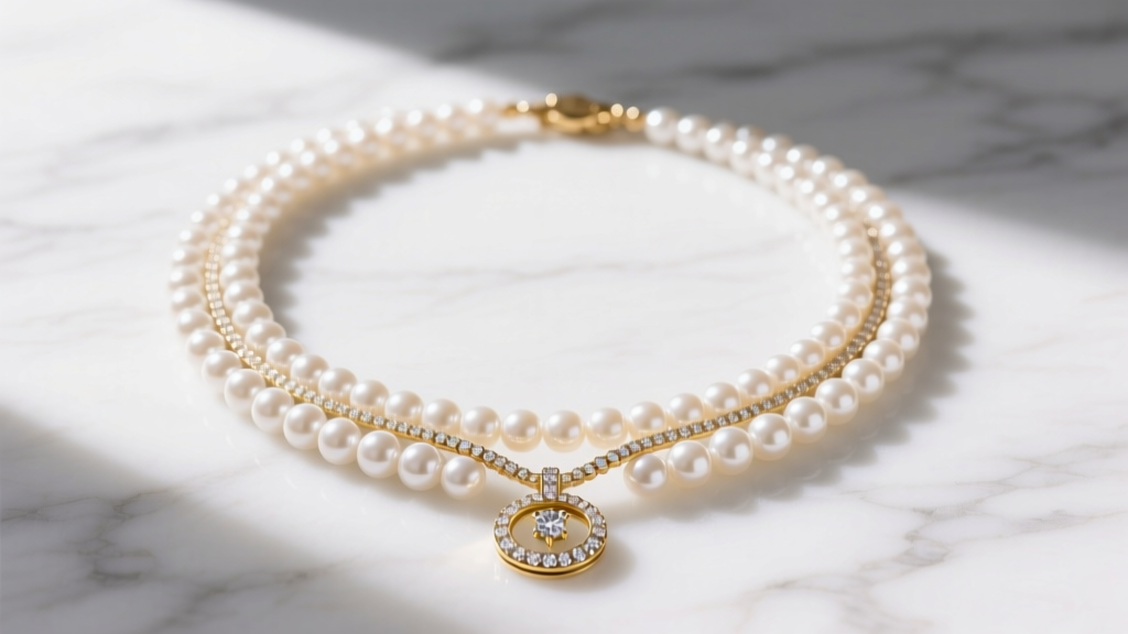 Flat lay of a layered necklace stack with a 16-inch pearl choker and 18-inch gold diamond pendant on white marble.