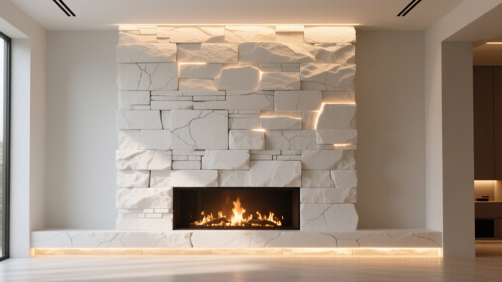 Bright white stacked stone veneer panels on a modern interior fireplace wall with warm LED lighting highlighting textured edges