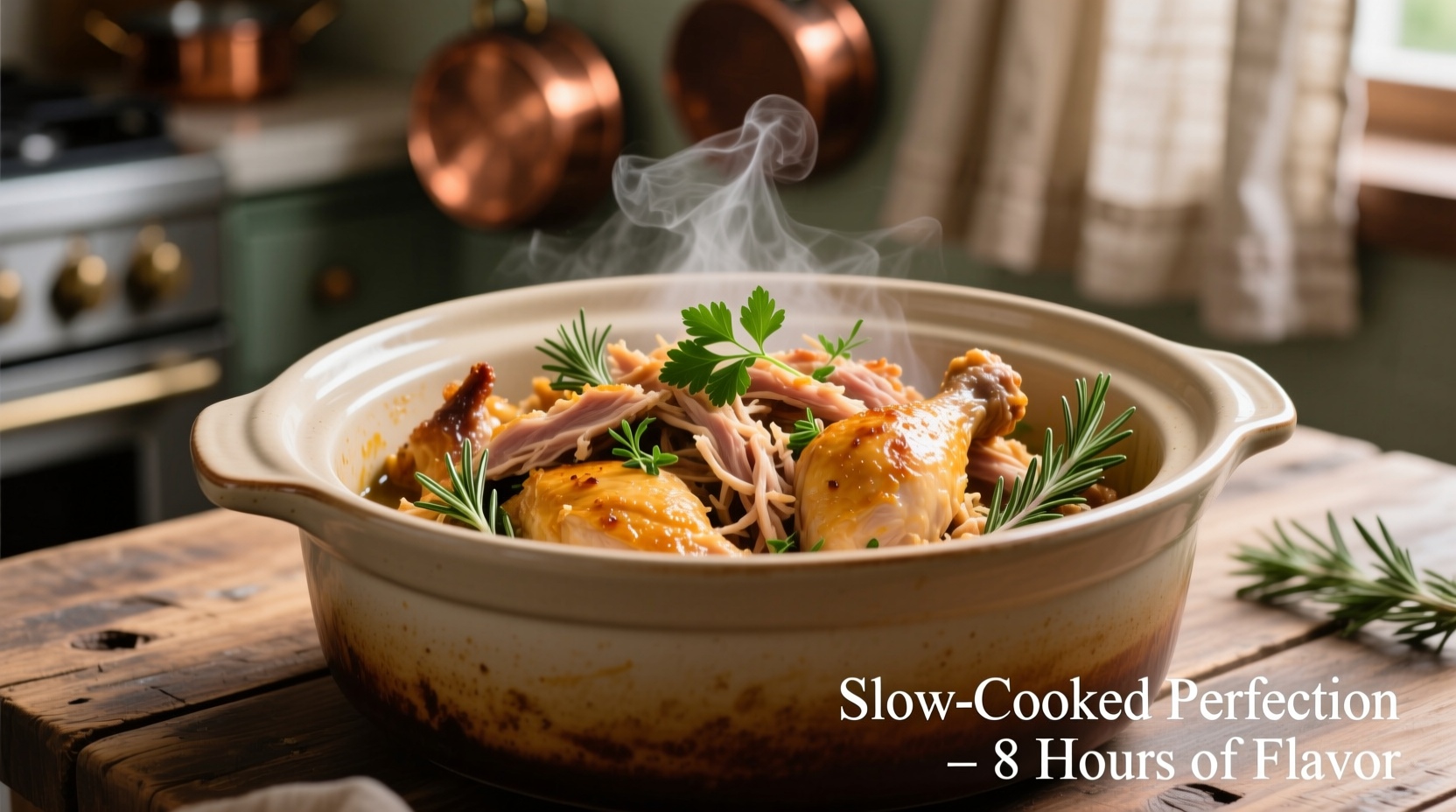 Perfectly cooked shredded chicken in crock pot with herbs