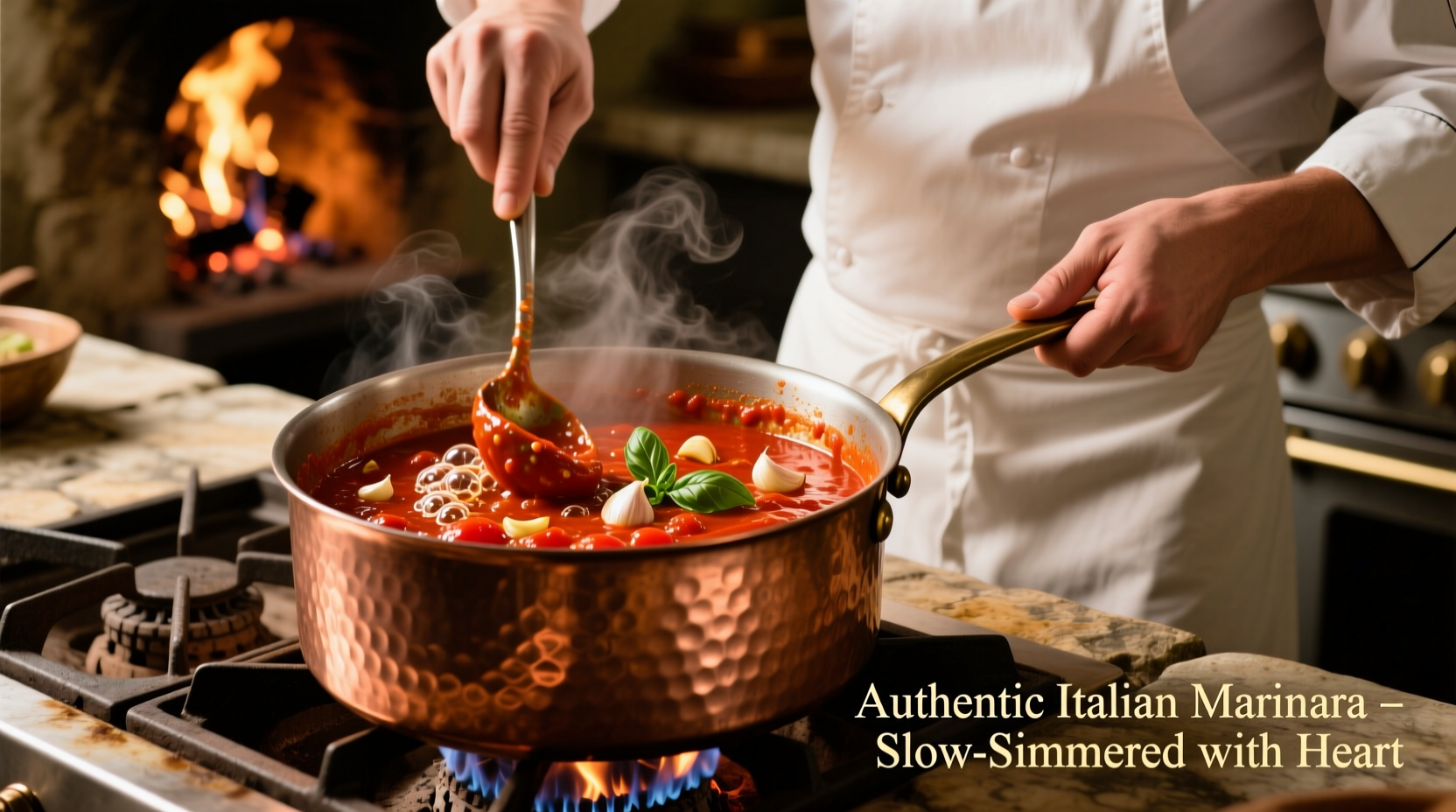 Chef stirring tomato paste marinara in copper pot