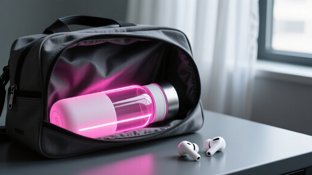 A glowing smart water bottle illuminating a dark gym bag with neon pink LED light, next to a pair of wireless earbuds.