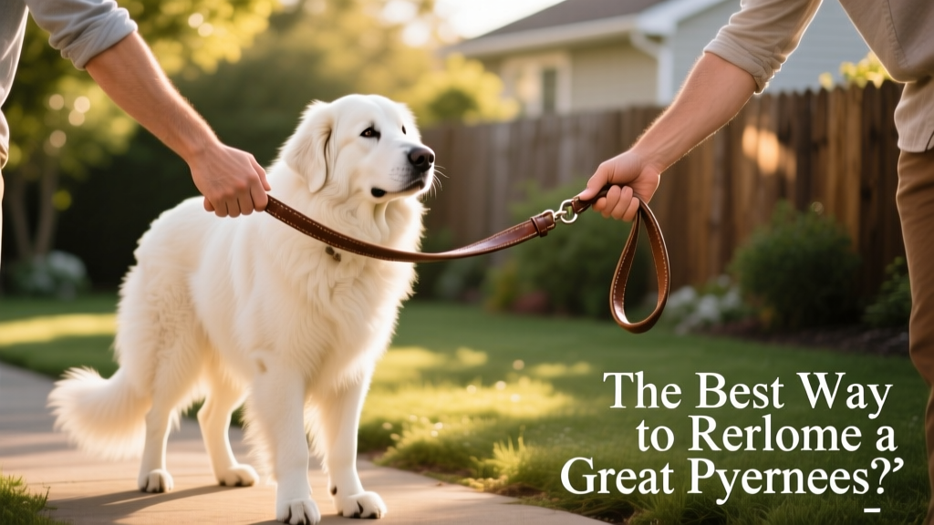 Two hands shaking over a leash, with a relaxed Great Pyrenees standing calmly between them