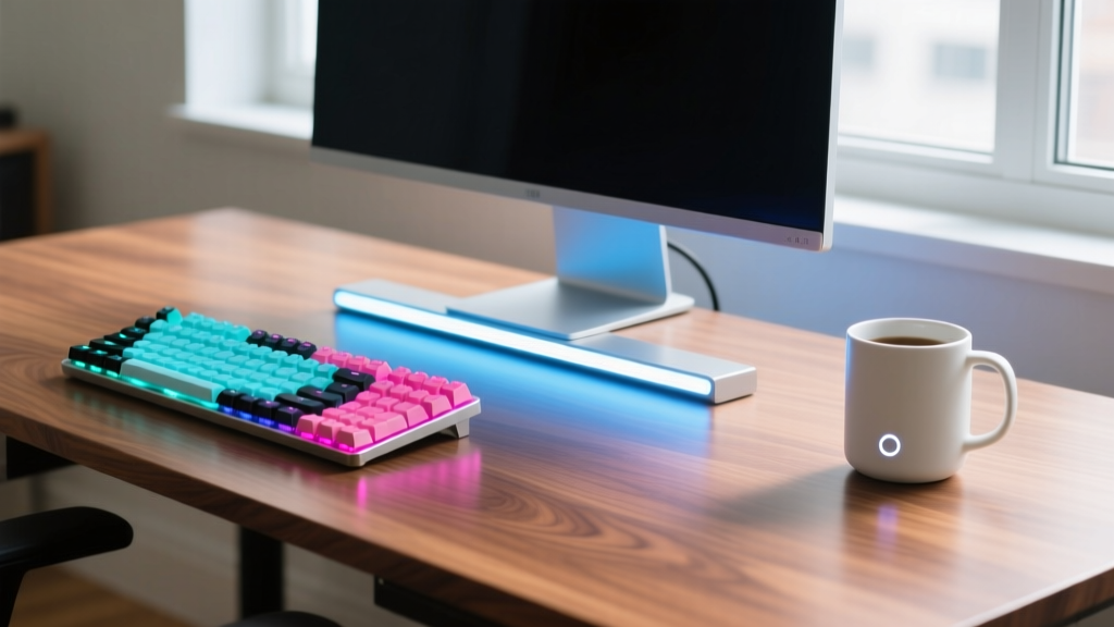 Modern home office desk featuring a glowing monitor light bar, split mechanical keyboard, and smart mug on a walnut wood surface
