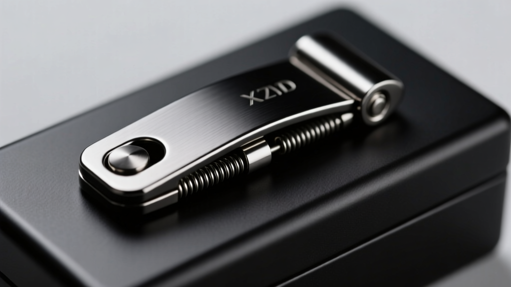 Detailed view of black PVD coated stainless steel box clasp with push-button release, showing internal tension springs.