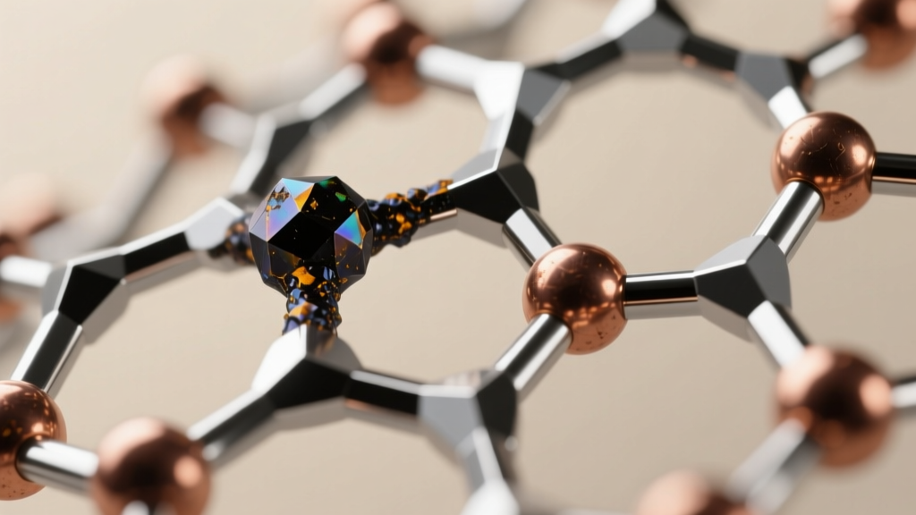 Microscopic render of a 925 silver alloy lattice showing sulfur reacting with copper atoms to create dark surface tarnish on metal