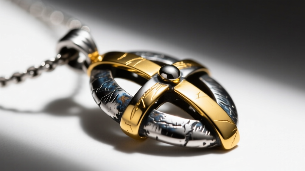 Macro shot of a mixed-metal Pam Hiran pendant showing the joint between oxidized sterling silver and 14k yellow gold accents