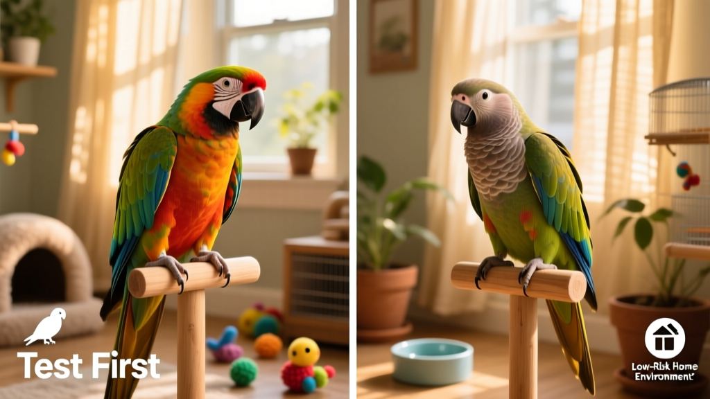 Side-by-side comparison of two healthy parrots—one vaccinated, one not—with subtle icons indicating 'test first' and 'low-risk home environment'