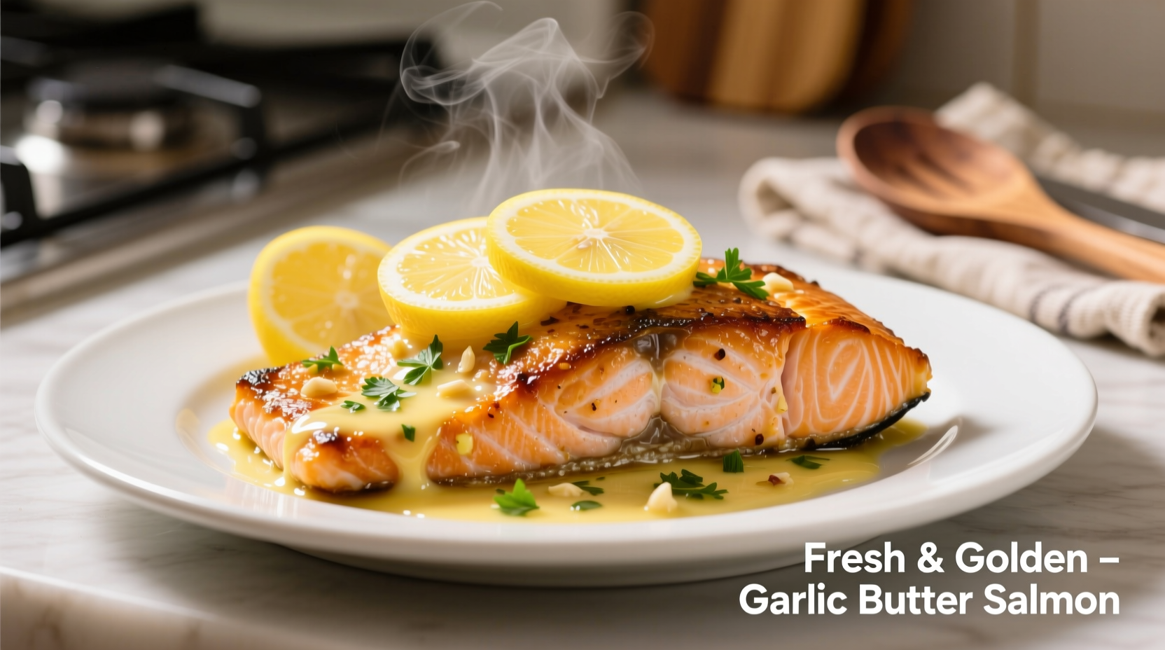 Golden garlic butter baked salmon with lemon slices