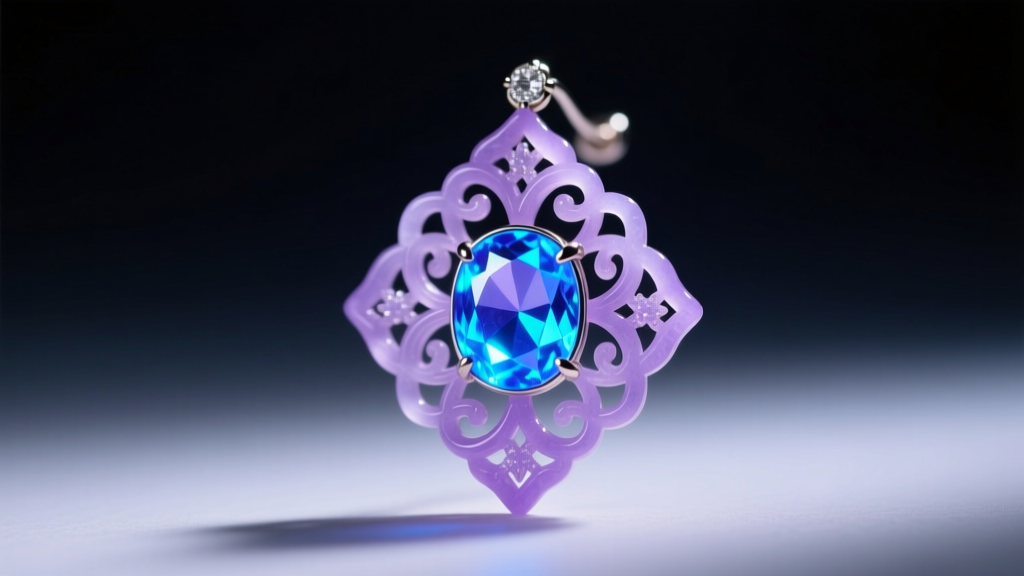 Macro photo of a lavender jade earring under UV light, showing the fluorescent glow of polymer resin in Type B treated stones.