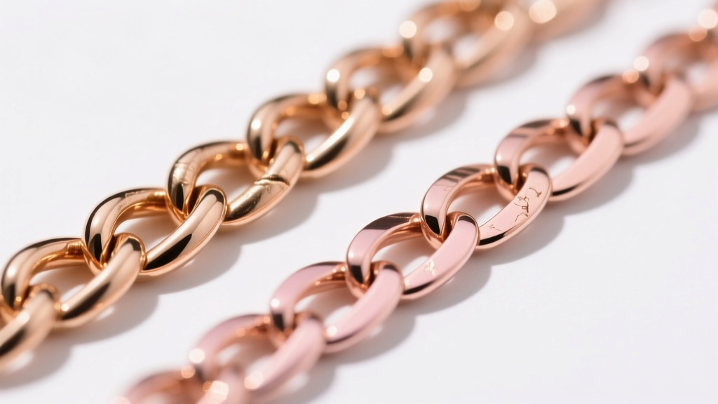 Macro shot comparing the color difference between an 18k rose gold chain and a 14k rose gold chain under bright studio lighting.