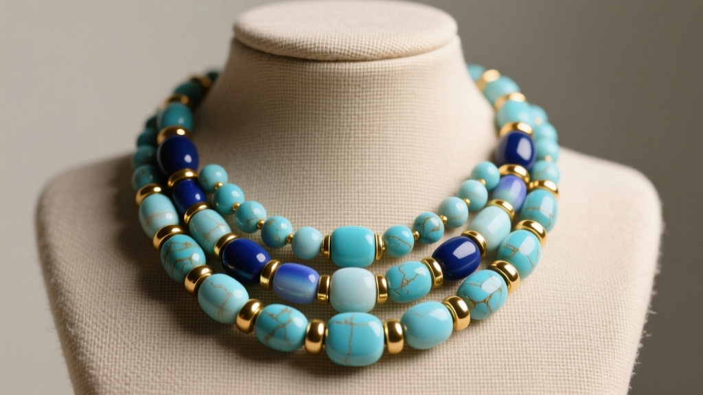 Close-up of a multi-strand statement necklace with dyed howlite turquoise beads and gold-tone base metal spacers on linen bust
