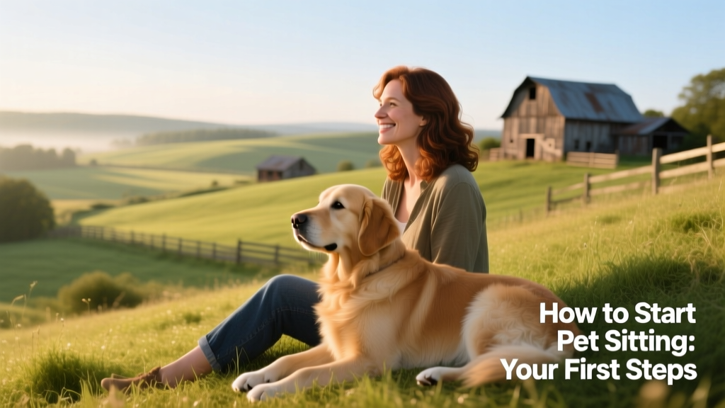 A friendly person sitting beside a relaxed dog, gazing out over a peaceful countryside landscape