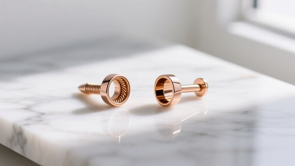 Flat lay of internally threaded 14k rose gold tragus and conch piercings arranged on marble next to a handwritten gift note.