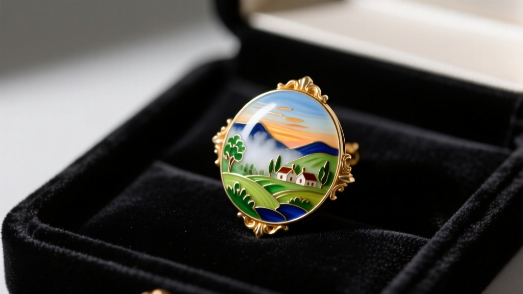 Close-up of a baroque pearl earring featuring a miniature hand-painted landscape in enamel, resting on a dark velvet jewelry tray