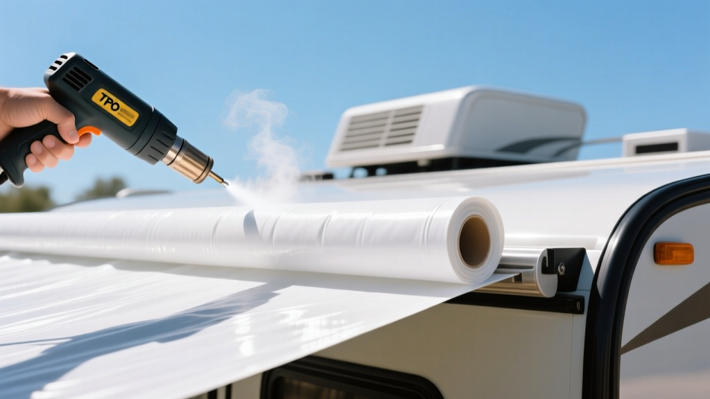Close-up of a white TPO RV roof membrane being rolled out and sealed with a heat gun on a fifth-wheel camper under clear skies